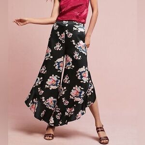 Anthropologie Elevenses Tansy Black Satin Floral Ruffle Pants Size 8